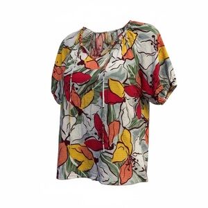 Floral Print Short Sleeve Blouse Top Size L